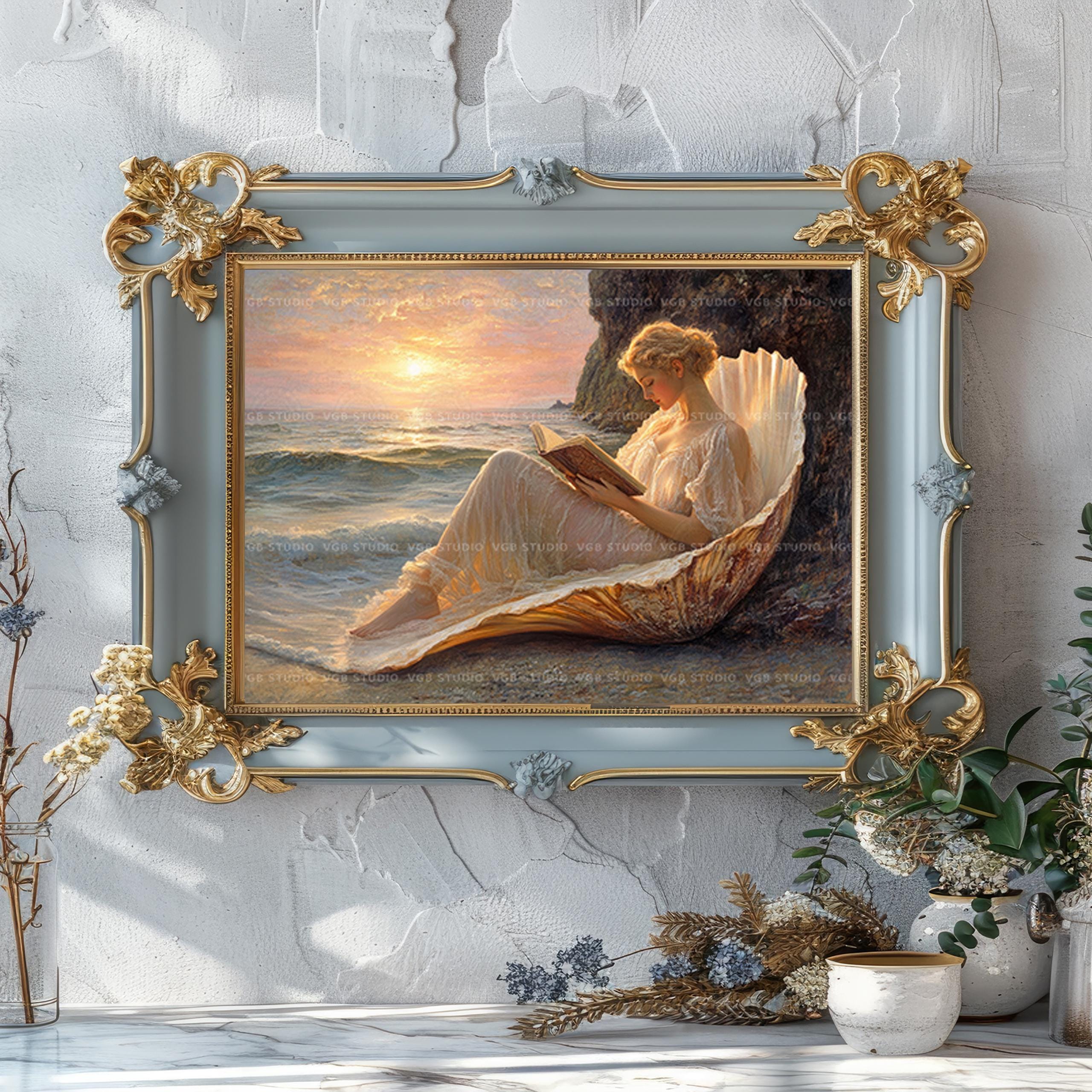 Aphrodite Reading Book Birth of Venus Myth Art, Sea Shore Greek Goddess ...