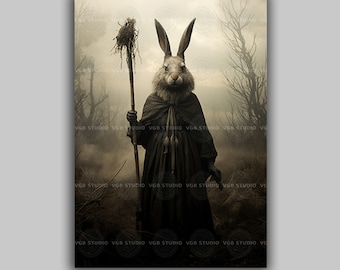 Gothic Rabbit Wall Art Print, Dark Bunny Portrait, Witchy Animal Painting, Occult Woodland Hare, Dark Academia Forest Decor F13