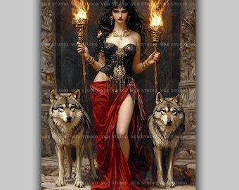 Hecate Greek Goddess Art Print Pre-Raphaelite Temple Twin Torches Wolves Witchcraft Pagan Altar Dark Feminine Decor x98