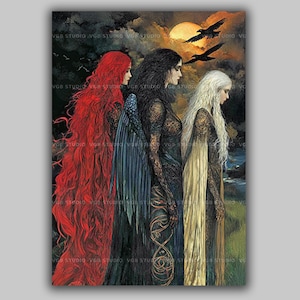 Morrigan Art Print | Celtic Goddess Badb Macha Nemain Sisters Crows | Irish Mythology War Goddess Fantasy Wall Decor Pagan Altar Art | ac56