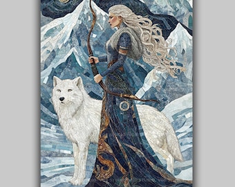 Skadi Norse Winter Huntress Goddess Of Mountains And Snow Wall Art Print, Nordic Mythology Archer With White Wolf Fantasy Pagan Decor AL08