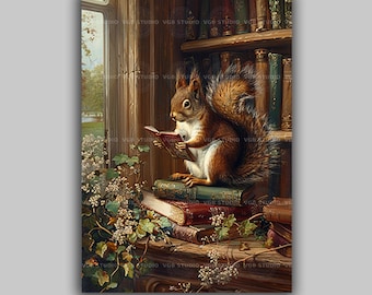Chipmunk Squirrel Reading Book Victorian Abandoned Library Print, Bookish Whimsical Fine Art Giclee, Cultured Rodent Wall Art Poster r85