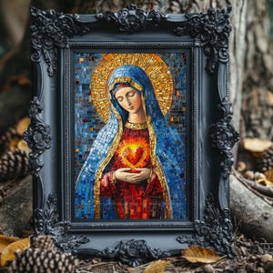 May include: A framed mosaic artwork depicting a religious figure with a blue veil and a golden halo. The figure holds a glowing heart. The frame is black with ornate detailing, and the mosaic is composed of small, colorful tiles.