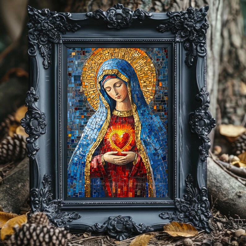 May include: A framed mosaic artwork depicting a religious figure with a blue veil and a golden halo. The figure holds a glowing heart. The frame is black with ornate detailing, and the mosaic is composed of small, colorful tiles.