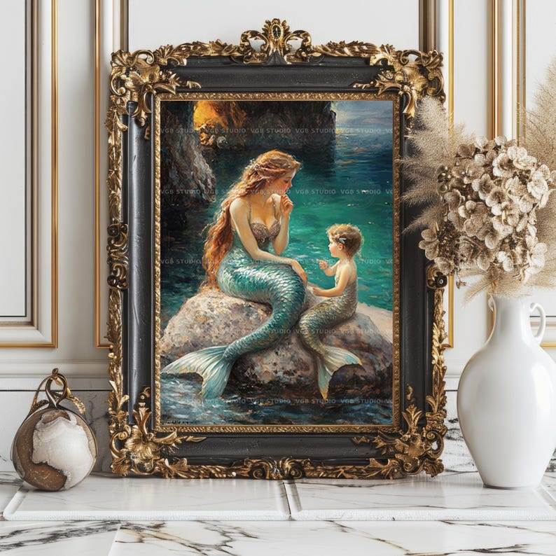Mermaid Mother Child Art Print Ocean Fantasy Decor Sea Family Painting Whimsical Wall Poster Storybook Illustration Coastal Home Beach AC15 image 7
