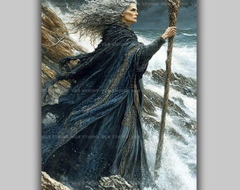 Cailleach Celtic Goddess Art Print Mythology Wall Art Ancient Winter Crone Decor Pagan Witch Artwork Dark Goddess Mystical Painting w65