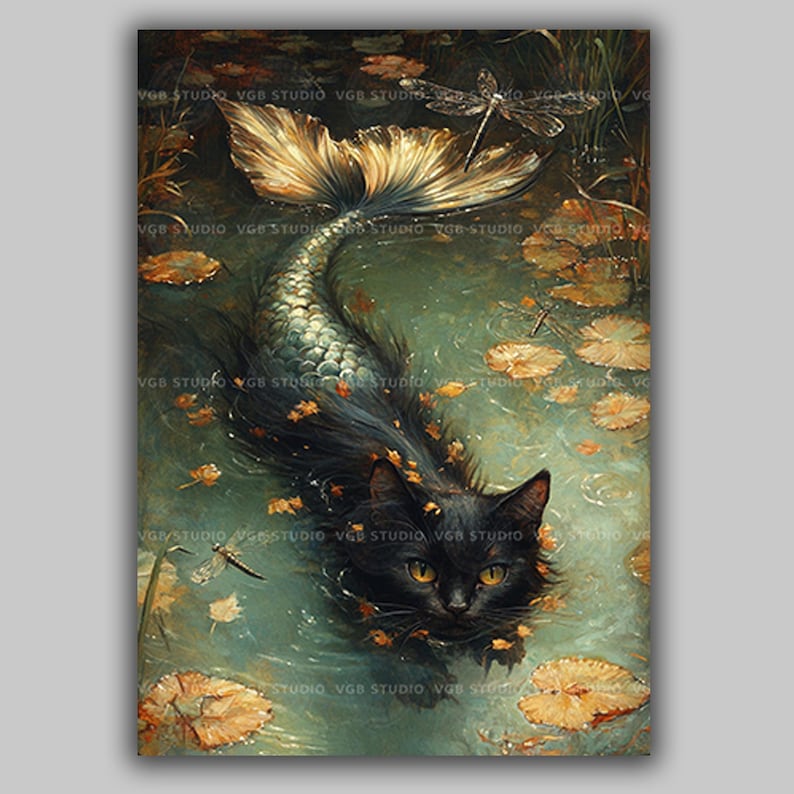 Mermaid Cat Fantasy Print Mystical Black Cat with Fish Tail in Enchanted Pond Dragonflies Autumn Leaves Cozy Cottagecore Animal Art AC63 image 1