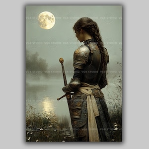 Lady Knight Art Print Medieval Fantasy Woman Warrior Wall Decor Moonlight Sword Lake Arthurian Legend Romantic Armor Chivalry Heroine AH04 image 1