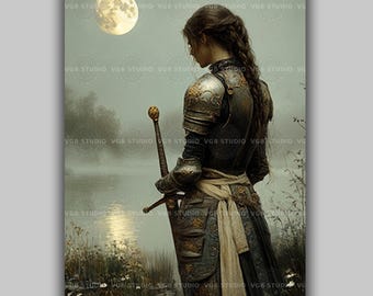 May include: An artistic print depicts a medieval warrior in ornate armor, holding a sword, standing near a body of water under a full moon. The artwork has a muted color palette with a focus on detail and texture.