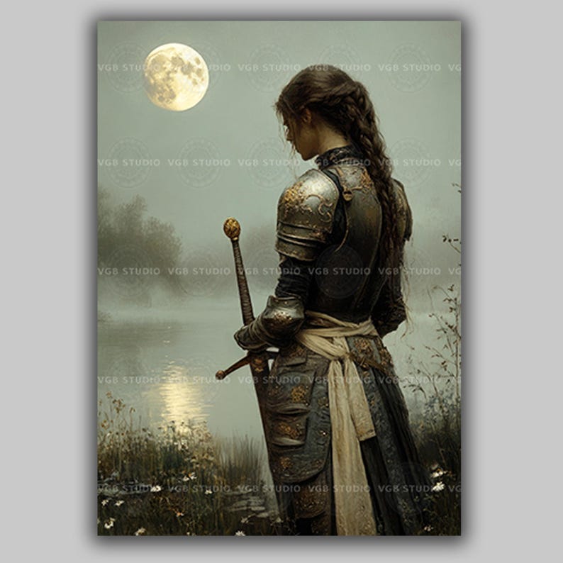 Lady Knight Art Print Medieval Fantasy Woman Warrior Wall Decor Moonlight Sword Lake Arthurian Legend Romantic Armor Chivalry Heroine AH04 image 1