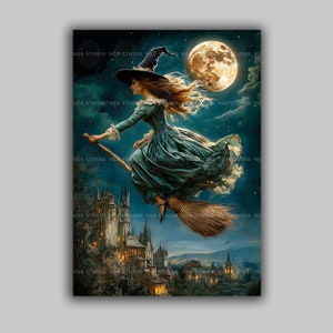 Vintage Witch Flying Art Print Halloween Wall Decor Illustration Full Moon Fantasy Art Gothic Cottagecore Broomstick Witchcore Style u53