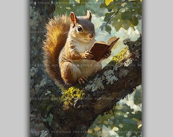 May include: An artistic painting depicts a squirrel engrossed in reading a book while perched on a tree branch. The squirrel has brown fur and a fluffy tail. The background features lush green foliage and sunlight.
