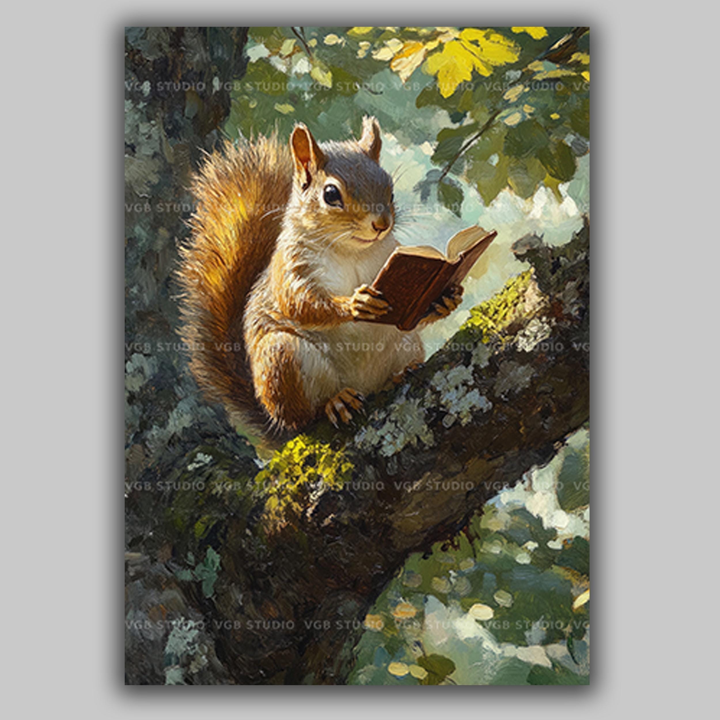 Woodland Squirrels foil RDOEVP 1枚 Squirrel Reading Book Art Print, Impressionist Woodland Painting