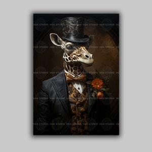 Victorian Giraffe Art Print Whimsical Animal Portrait in Suit and Top Hat Funny Dark Academia Decor Quirky Formal Wall Artwork Gift H75