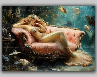 マーメイドファンタジーウォールアートプリント 水中イラスト 魅惑の海 夢 沿岸装飾 おとぎ話 海洋アートワーク セイレーンビューティー S89