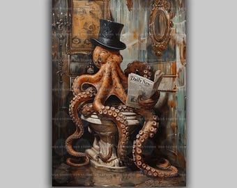 Victorian Octopus Gentleman Reading Newspaper on Toilet Whimsical Fine Art Print Top Hat Giclee Baroque Painting Wall Art M12