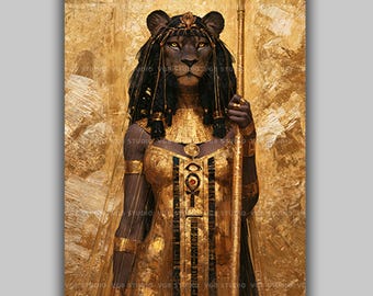 Sekhmet Lioness Goddess Art Nouveau Print, Egyptian Revival Gold Leaf Wall Decor, Ancient Egypt Mythology Poster, Pagan Altar Warrior AN91