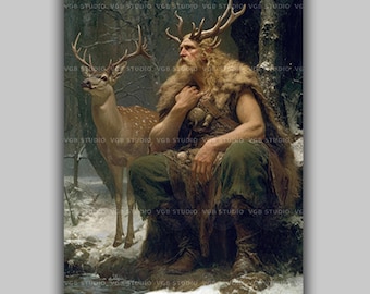 Cernunnos Celtic Horned God Wall Art Print Seated with Stag in Snowy Forest Gaulish Pagan Deity Romantic Oil Painting Style AK25