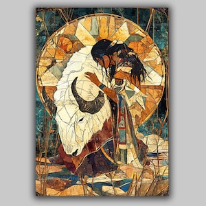 May include: An artistic print showing a Native American woman with long black hair, wearing a feather, embracing a white bison. The artwork has a stained-glass style background with warm tones and a circular design, suggesting spirituality.