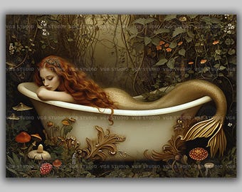 Mermaid in Bathtub Dark Cottagecore Forest Moody Gothic Print, Sirent Art Poster Dark Academia,  Unique Baroque Painting, Whimsical Art L50