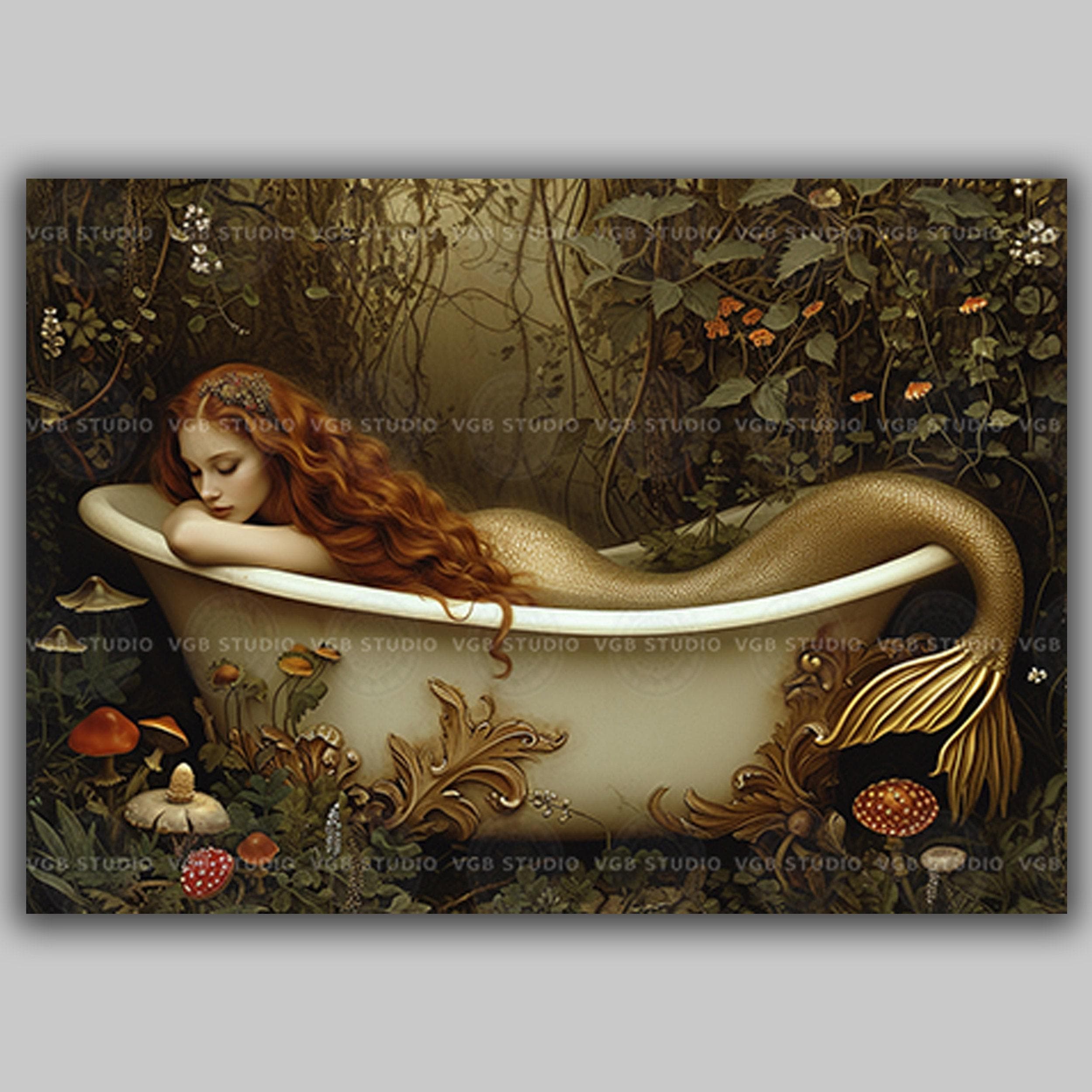 Mermaid in Bathtub Dark Cottagecore Forest Moody Gothic Print, Sirent
