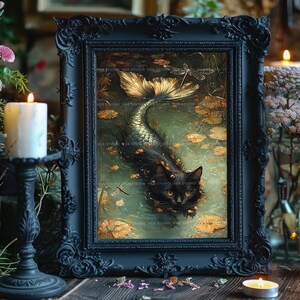 Mermaid Cat Fantasy Print Mystical Black Cat with Fish Tail in Enchanted Pond Dragonflies Autumn Leaves Cozy Cottagecore Animal Art AC63 image 6
