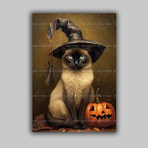 May include: A Siamese cat wearing a witch hat sits next to a carved orange pumpkin. The cat has blue eyes and is set against a brown background with autumn leaves. The image has a Halloween theme.