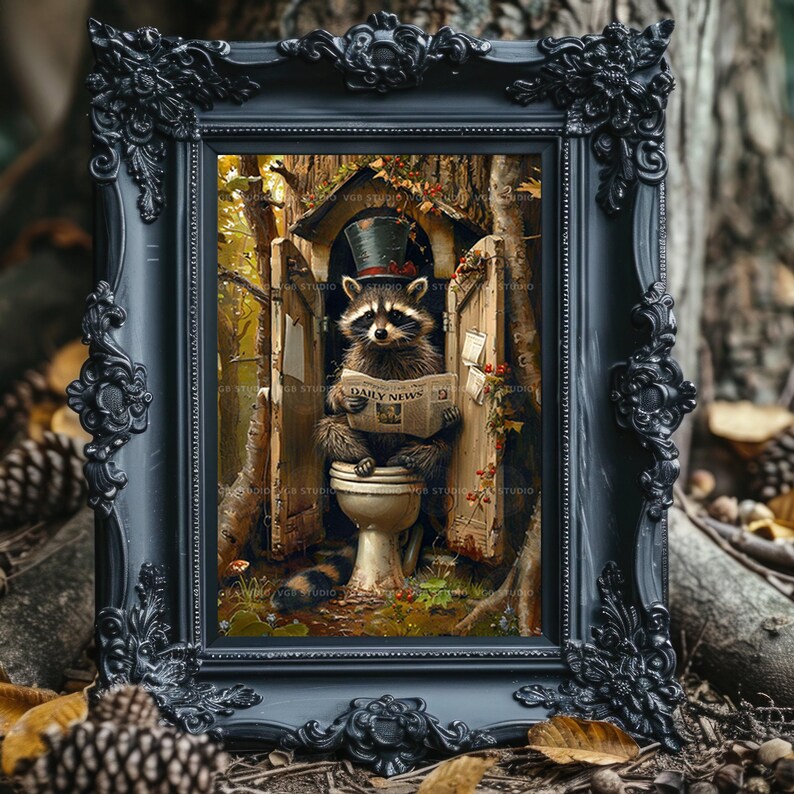 Raccoon Bathroom Wall Art Print, Victorian Top Hat Toilet Newspaper ...