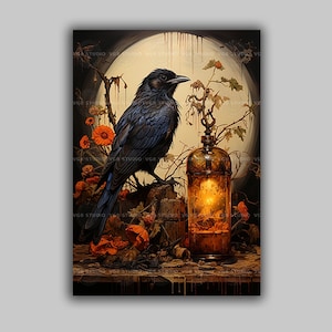 Raven Art Print Gothic Crow Full Moon Dark Academia Bird Decor Mystical Still Life Witchy Wall Art Lamp Autumn Flowers Surreal Artwork D28
