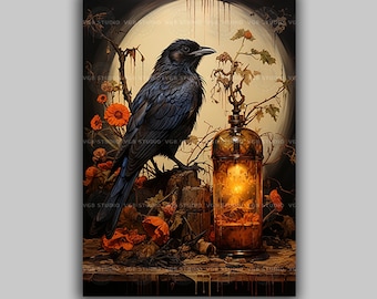 Raven Art Print Gothic Crow Full Moon Dark Academia Bird Decor Mystical Still Life Witchy Wall Art Lamp Autumn Flowers Surreal Artwork D28