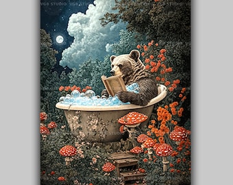 Bear in Bathtub Art Print Reading Book Bubble Bath Painting Mushroom Forest Wall Decor Whimsical Animal Poster Funny Bathroom Gift AF17