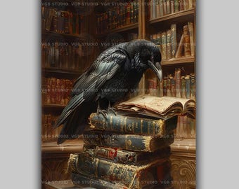 Raven Reading Book Wall Art Print Gothic Library Crow on Antique Books Dark Academia Decor Vintage Literary Bird Gift Witchy Wall Decor AG36