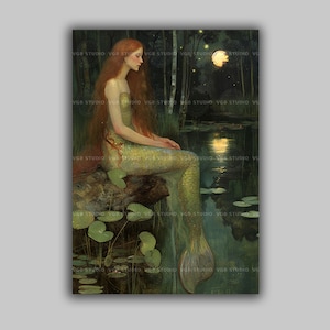 Melancholy Mermaid Art Print Fantasy Lake Wall Decor Moonlit Water Painting Romantic Mythical Creature Gothic Fairytale Siren Forest Art r66