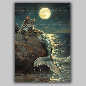 Cat Mermaid Art Print Whimsical Nautical Wall Decor Moonlight Ocean Fantasy Catfish Illustration Animal Lover Gift Surreal Tabby Decor AC94