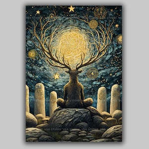May include: An artistic illustration depicts a deer in a meditative pose atop a rock, with large antlers reaching towards a glowing golden orb. The background features a starry night sky with celestial symbols and stone pillars.