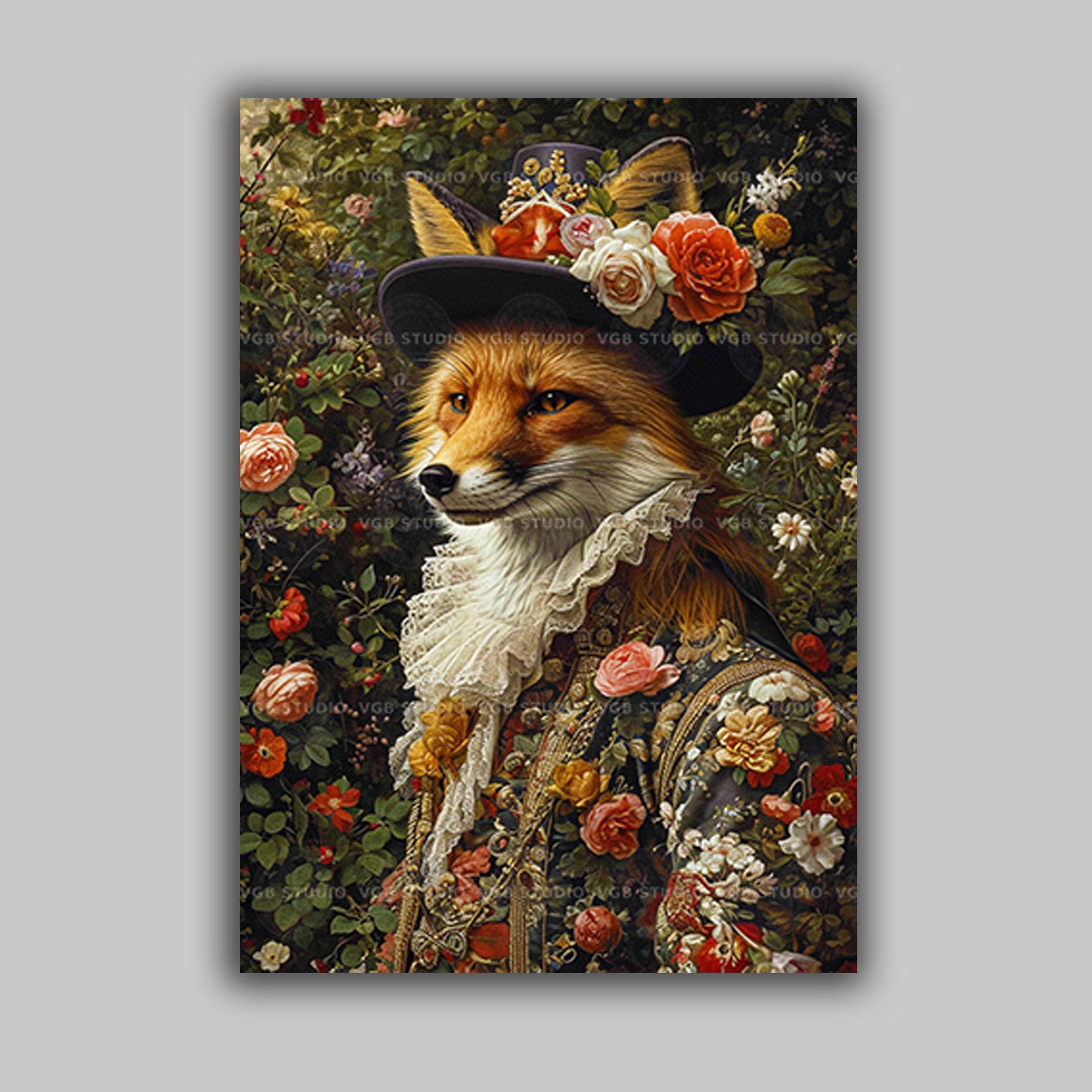 チロルアート　ふくろうメタトロン Victorian Fox Art Print Flower Hat Animal Portrait Floral Suit