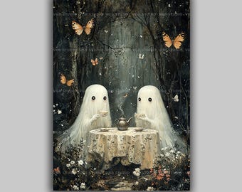 Ghost Tea Party Wall Art Print, Dark Cottagecore, Whimsical Painting, Spooky Decor, Enchanted Forest, Gothic Artwork, Fairytale Gifts t63