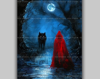 Little Red Riding Hood Print Dark Forest Fairy Tale Wall Art Gothic Wolf Illustration Full Moon Red Cloak Fantasy Grim Folklore Decor r45