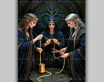 Norns Viking Wall Art Print, Urdr Verdandi Skuld Norse Pagan Decor, Elder Futhark Runes Painting, Yggdrasil Thread of Fate Weavers AP01