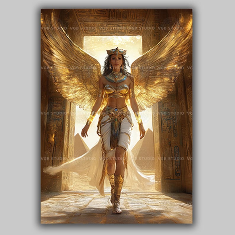 Isis Goddess Wall Art Print, Ancient Egyptian Mythology Decor, Divine Feminine Portrait, Golden Wings, Sacred Pyramid Temple Scene AB60 image 1