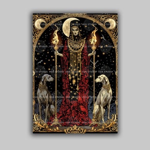 Hecate Art Print Triple Moon Goddess Pagan Witchcraft Decor Occult Priestess with Torches and Dogs Dark Altar Wall Art Mystical Gothic R19