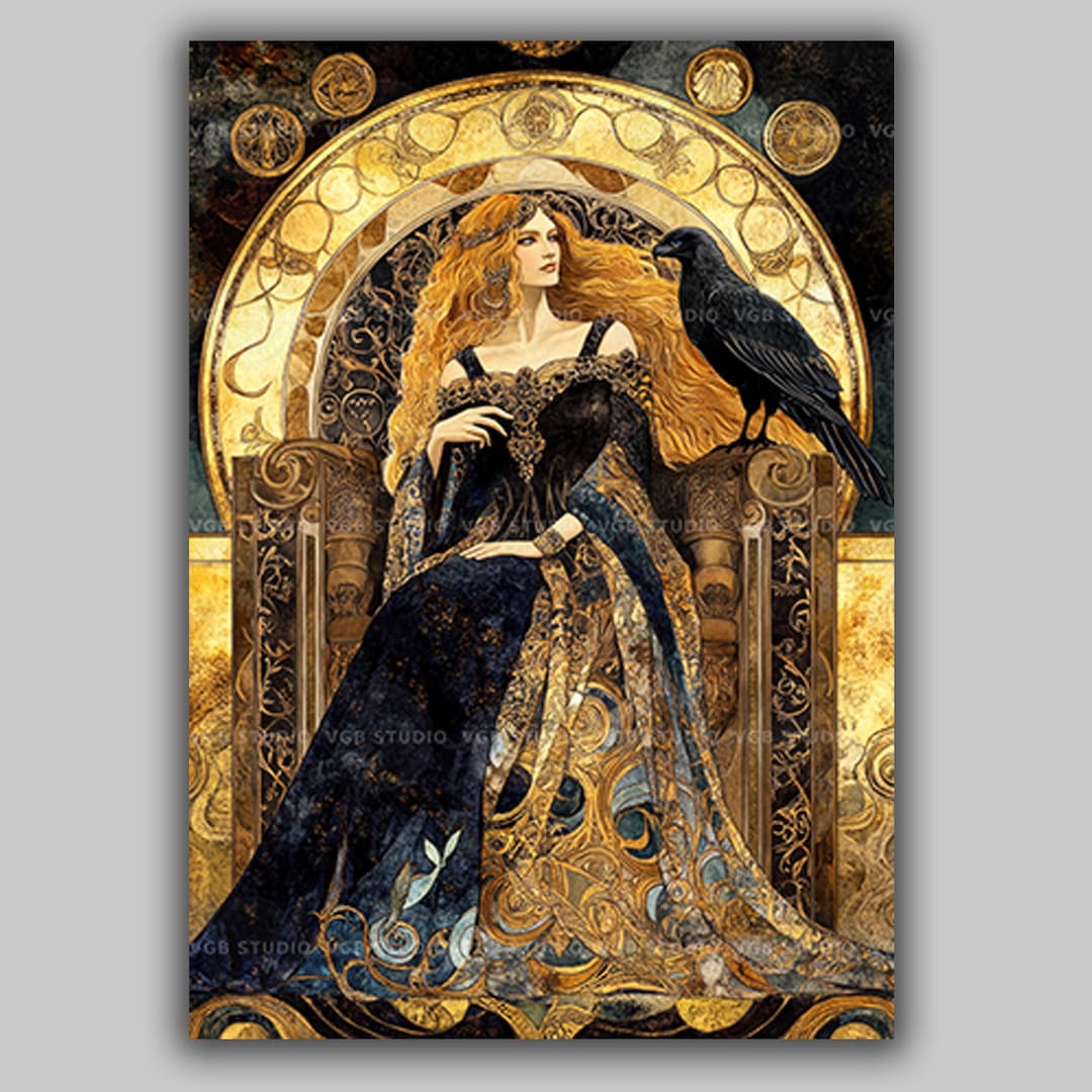 Frigg Norse Goddess Art Print, Queen of Asgard Throne Raven, Viking ...