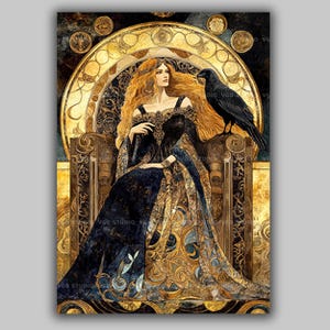 Frigg Norse Goddess Art Print, Queen of Asgard Throne Raven, Viking Mythology Wall Art,Norse Pagan Decor,Sacred Feminine Nordic Goddess AE51