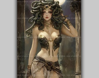 Medusa Wand Kunst Print, griechische Mythologie Gorgone Portrait Schlange Haar Gothic Dekor Dark Fantasy Schlange Frau Mondlicht Tempel Feminine Power aa74