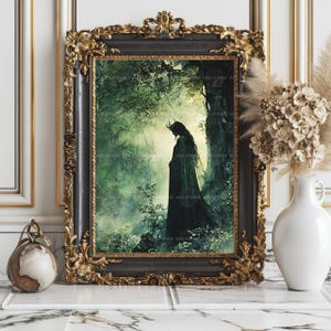 Sadhbh Irish Mythology Art Print, Antlered Deer Woman Silhouette in a Misty Green Forest, Cloaked Celtic Folklore Woodland Wall Decor w58 image 7