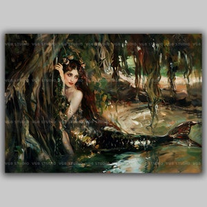 Forest Mermaid Art Print Romantic Water Nymph Decor Fairytale Illustration Woodland Pool Wall Art Mythical Creature Fantasy Nature p69