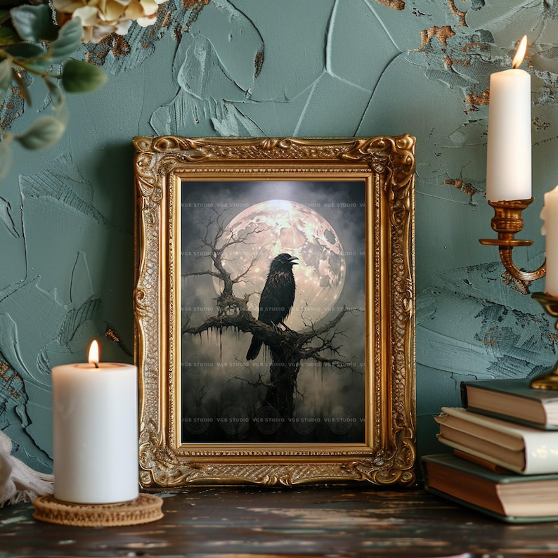 Edgar Allan Poe Raven Wall Art, Nevermore Crow Moon Print, Gothic Halloween Poster, Macabre Night Sky Painting, Spooky Corvid Home Decor H61 image 4
