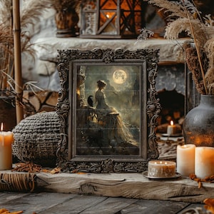 Viktorianische Frau als Kunstdruck, Rabe auf Burgruinen, Vollmond-Wanddeko im Stil der Skurrilität, Gemälde mit dunkler Romantik und Krähe, Stimmungsposter L94 Bild 7