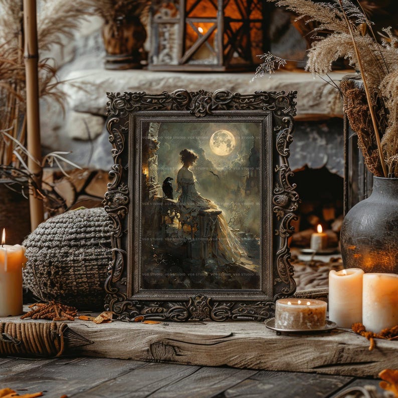 Viktorianische Frau als Kunstdruck, Rabe auf Burgruinen, Vollmond-Wanddeko im Stil der Skurrilität, Gemälde mit dunkler Romantik und Krähe, Stimmungsposter L94 Bild 7