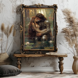 Muurdecoratie met ridder en jonkvrouw, fantasyromantiek, Arthurlegende, middeleeuwse kunst, decoratie met waterlelies, Dark Academia, sprookjesachtige cadeaus ad70T afbeelding 2